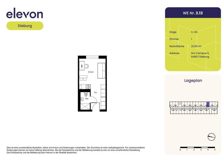 Studio zur Miete 406 € 1 Zimmer 22 m² 3. Geschoss Am Campus 5 Dieburg 64807