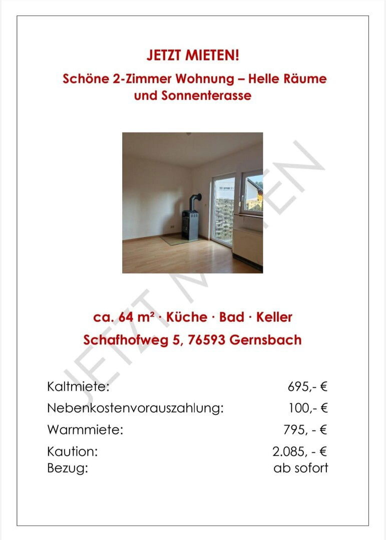 Wohnung zur Miete 695 € 2 Zimmer 64 m²<br/>Wohnfläche Scheuern Gernsbach 76593