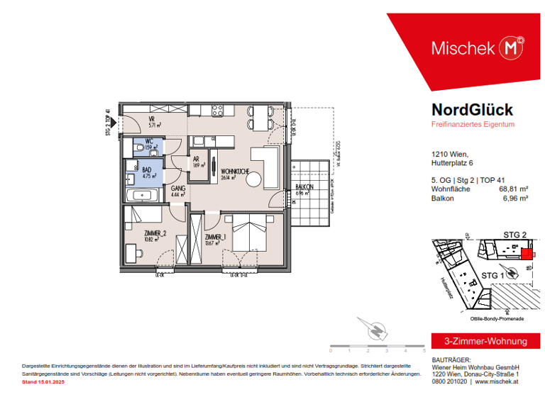 Wohnung zum Kauf provisionsfrei 398.000 € 3 Zimmer 68,8 m² 5. Geschoss Wien 1210