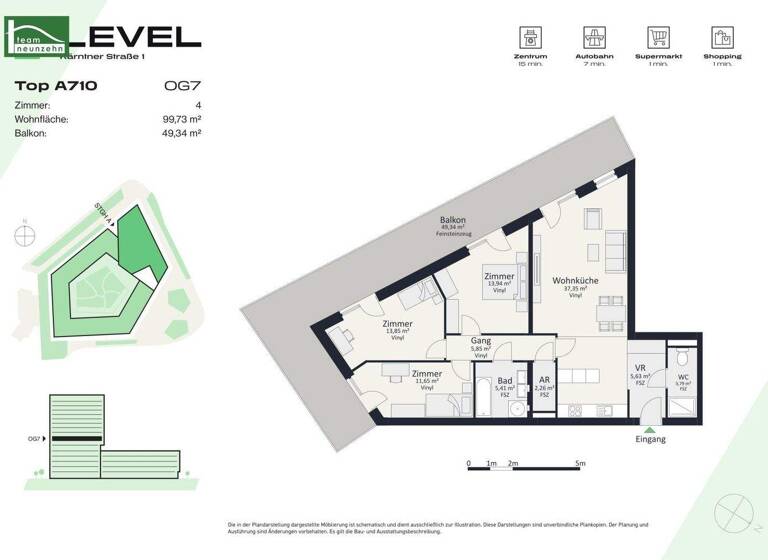 Wohnung zur Miete - Erstbezug 1.228 € 4 Zimmer 99,7 m² 7. Geschoss frei ab 01.05.2026 Kärntner Straße 1 Gries Graz 8020