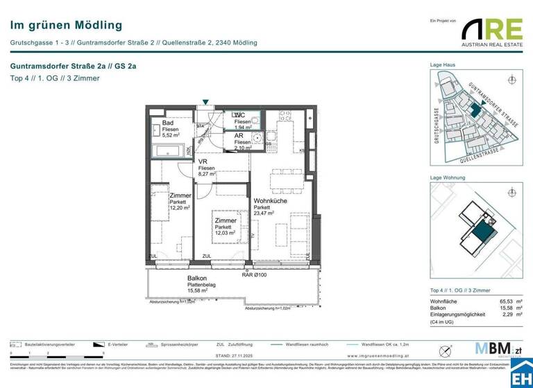 Wohnung zum Kauf - Erstbezug provisionsfrei 398.275 € 3 Zimmer 65,5 m² 1. Geschoss Guntramsdorfer Straße 2a Mödling 2340
