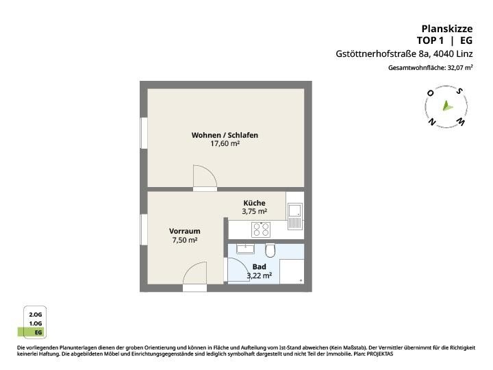 Wohnung zur Miete 440 € 1 Zimmer 33 m²<br/>Wohnfläche Gstöttnerhofstraße Urfahr Linz 4040