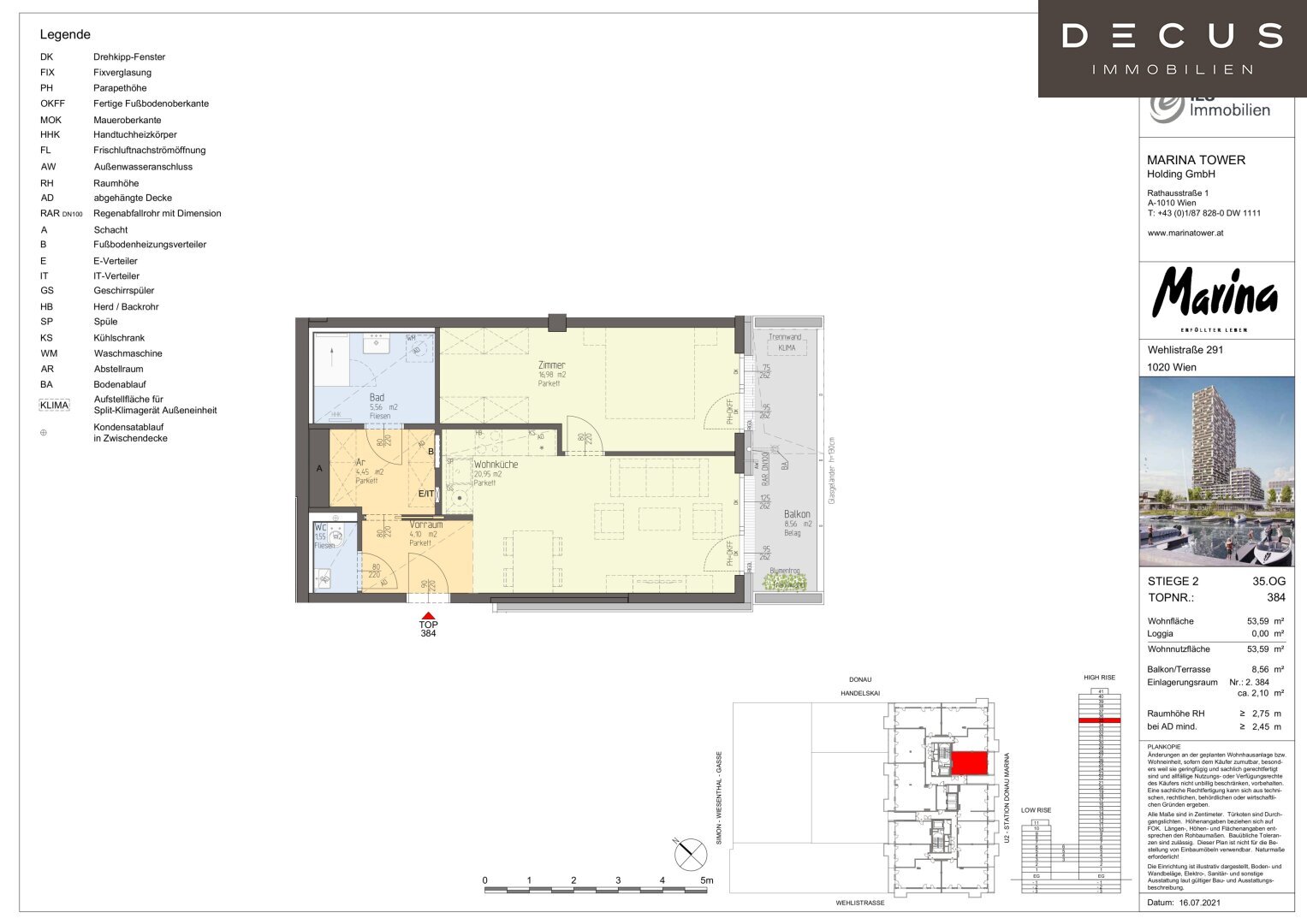 Wohnung zum Kauf 465.000 € 2 Zimmer 53,6 m²<br/>Wohnfläche 35.<br/>Geschoss Wien 1020