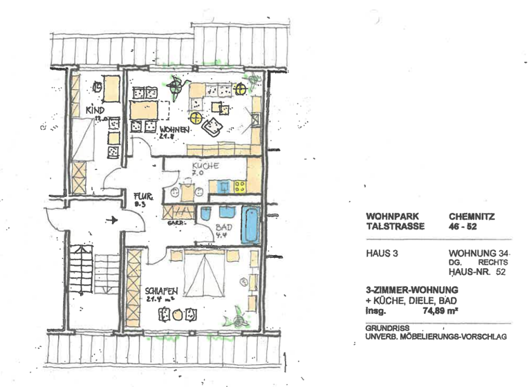 Wohnung zur Miete 320 € 3 Zimmer 74,8 m² 4. Geschoss frei ab sofort Talstraße 52 Reichenbrand Chemnitz 09117