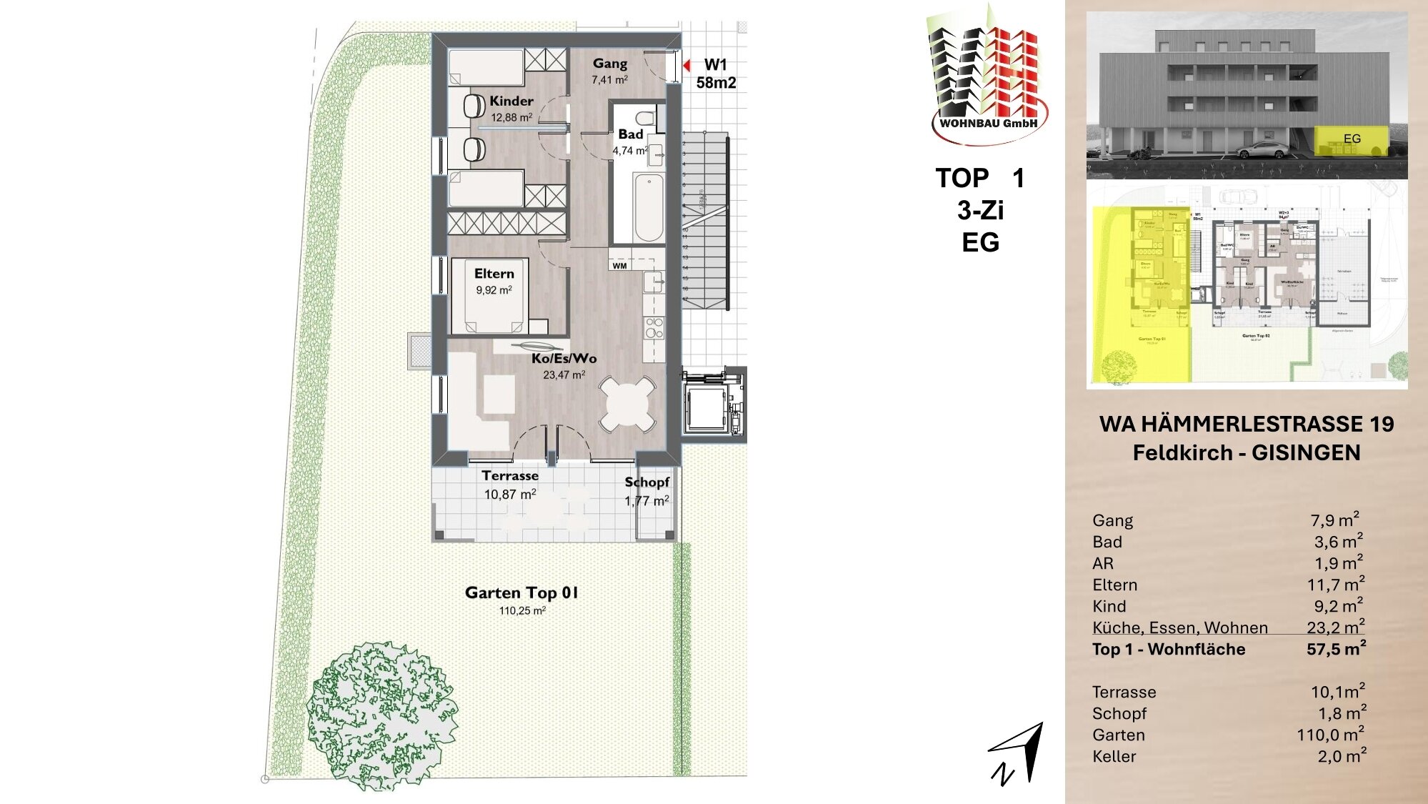 Wohnung zum Kauf provisionsfrei 368.000 € 3 Zimmer 57,5 m²<br/>Wohnfläche EG<br/>Geschoss Hämmerlestraße 19 Feldkirch 6800