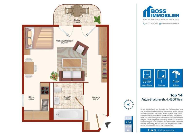 Studio zur Miete 365 € 1 Zimmer 33,5 m² 2. Geschoss frei ab 01.05.2026 Anton-Bruckner-Straße 4 Wels 4600