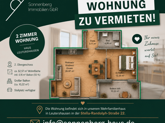 Wohnung zur Miete - Erstbezug 760 € 2 Zimmer 52,3 m² 2 Geschosse frei ab 01.11.2026 Stella Randolph Straße 22 Leutershausen Leutershausen 91578