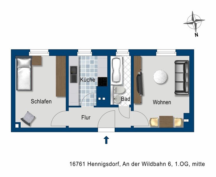 Wohnung zur Miete 386 € 2 Zimmer 38,6 m²<br/>Wohnfläche 1.<br/>Geschoss 21.11.2024<br/>Verfügbarkeit An der Wildbahn 6 Hennigsdorf 16761