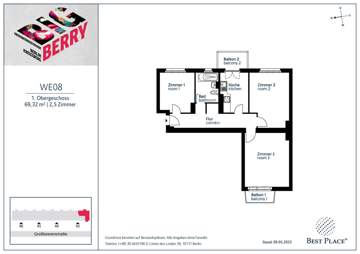 Wohnung zum Kauf provisionsfrei 288.000 € 2,5 Zimmer 69,3 m²<br/>Wohnfläche 1.<br/>Geschoss Großbeerenstraße 43 Kreuzberg Berlin 10965