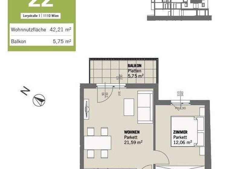 Wohnung zur Miete 693 € 2 Zimmer 42,2 m² 3. Geschoss Lorystraße 1 Wien 1110