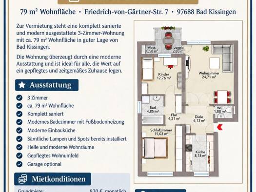 Wohnung zur Miete 820 € 3 Zimmer 79 m² Geschoss 3/4 frei ab 01.12.2026 Bad Kissingen Bad Kissingen 97688