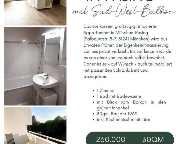 Wohnung zum Kauf provisionsfrei 260.000 € 1 Zimmer 30 m² 3. Geschoss Salbauerstraße 7 Pasing-Obermenzing München 81241