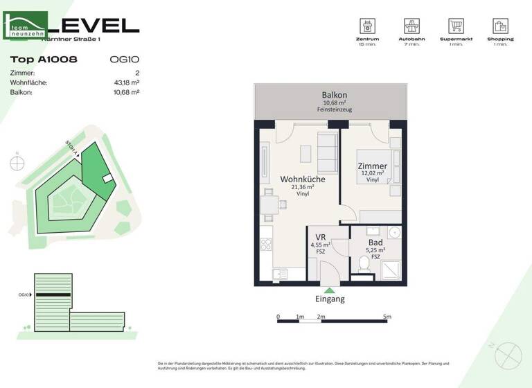 Wohnung zur Miete - Erstbezug 633 € 2 Zimmer 43,2 m² 10. Geschoss frei ab 01.05.2026 Kärntner Straße 1 Gries Graz 8020