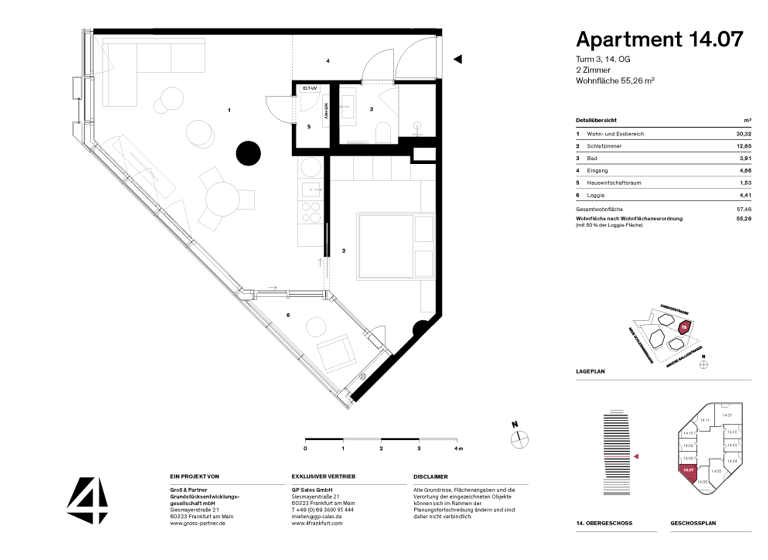 Wohnung zur Miete - Erstbezug 2.250 € 2 Zimmer 55,3 m² 14. Geschoss Innenstadt Frankfurt am Main 60315