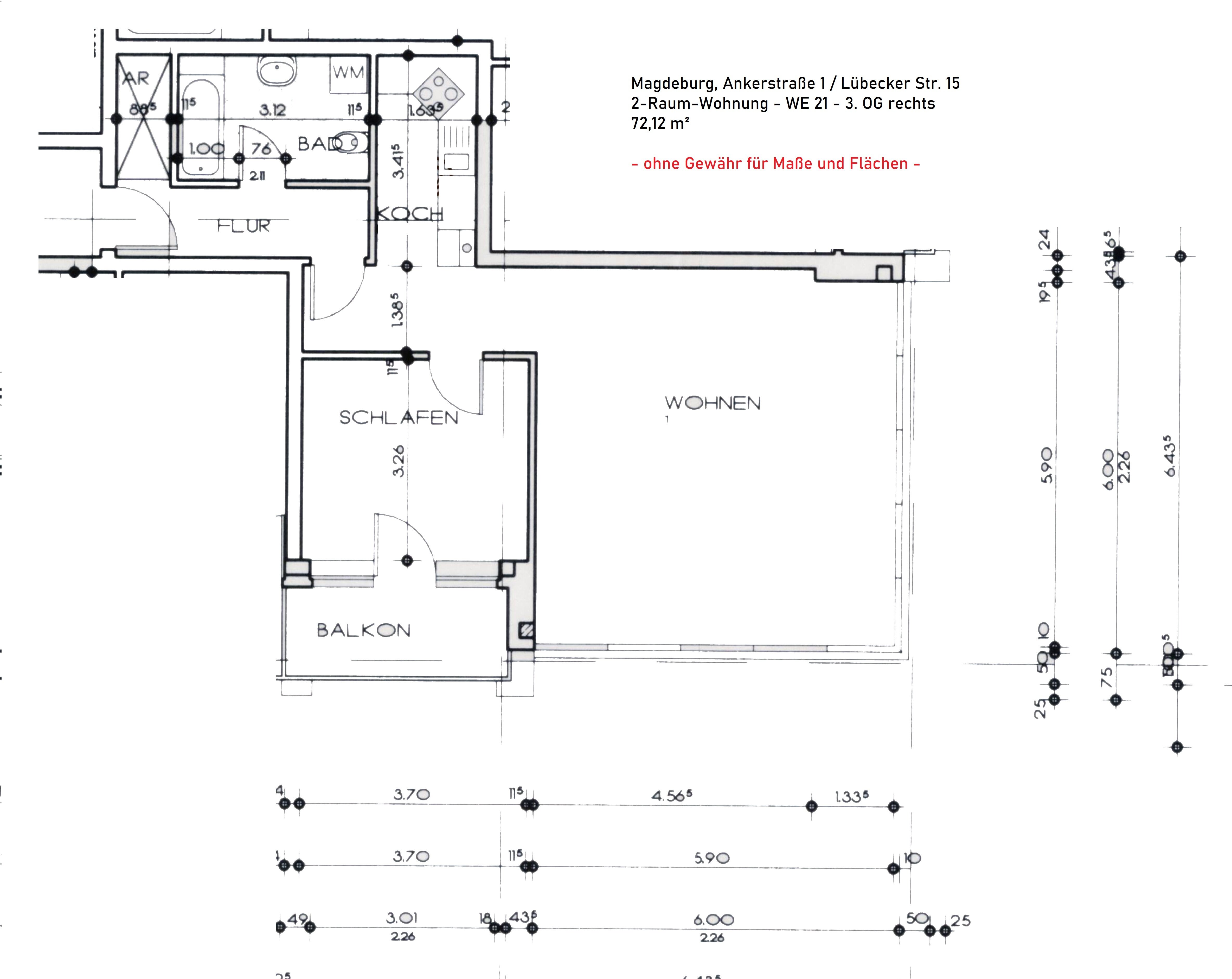 Wohnung zur Miete 491 € 2 Zimmer 72 m²<br/>Wohnfläche 3.<br/>Geschoss Ankerstr. 1, Lübecker Str. 15 Moritzplatz Magdeburg 39124