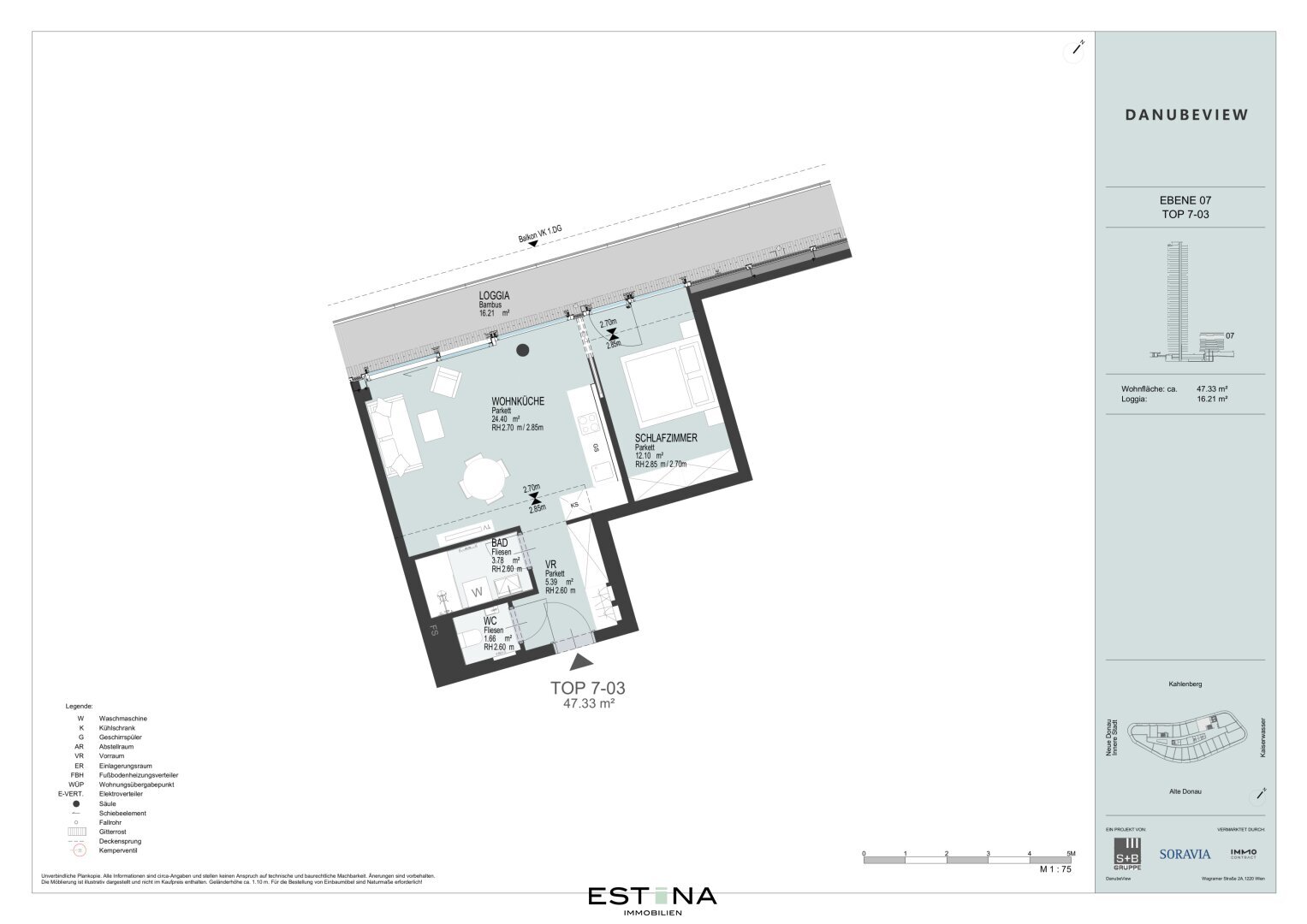 Wohnung zur Miete 1.182 € 2 Zimmer 47,3 m²<br/>Wohnfläche 7.<br/>Geschoss Wagramer Straße Wien 1220