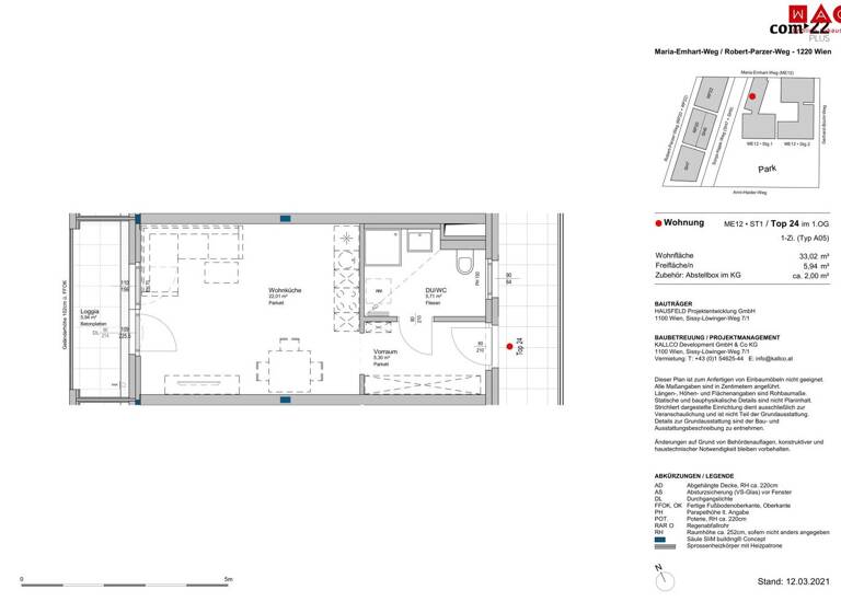 Studio zur Miete 203 € 1 Zimmer 33 m² 1. Geschoss frei ab 01.05.2026 Wien 1220