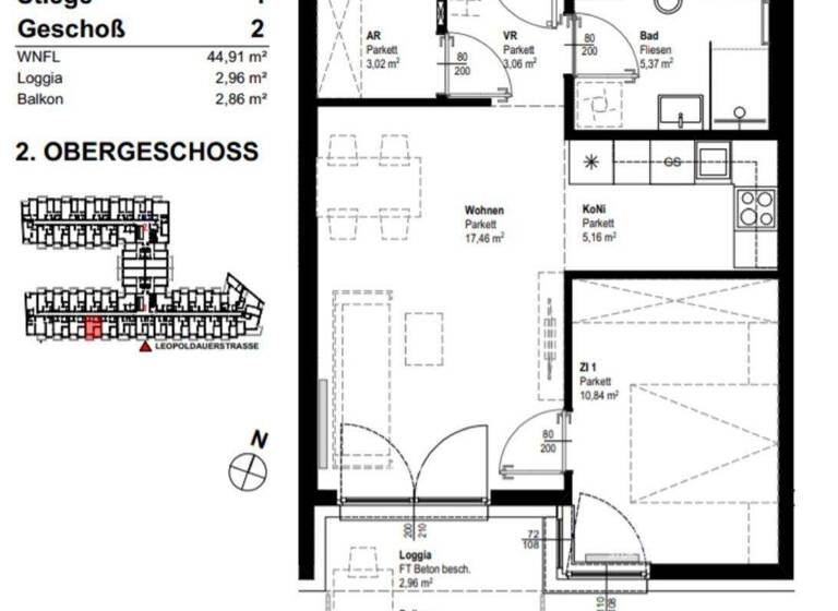 Wohnung zur Miete 695 € 2 Zimmer 44,9 m² 2. Geschoss Leopoldauer Straße 131 Wien 1210