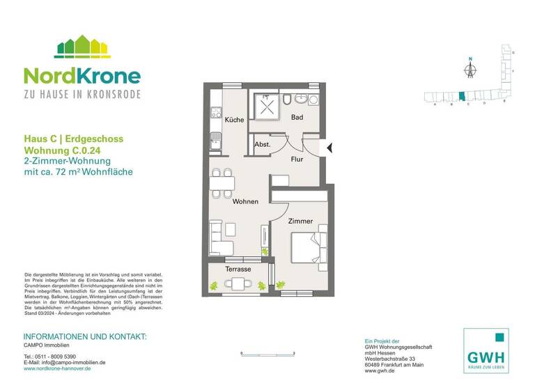 Terrassenwohnung zur Miete 1.117 € 2 Zimmer 72,1 m² EG frei ab sofort Christine-Hardt-Straße 25 Bemerode Hannover 30539