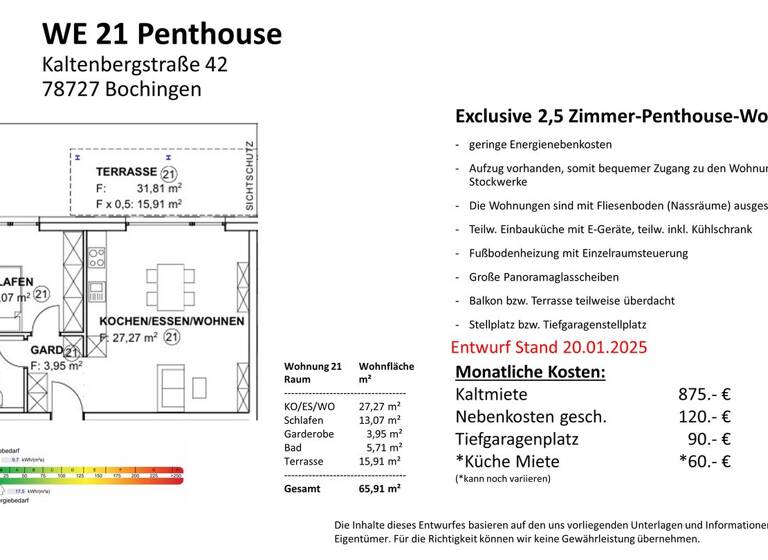 Wohnung zur Miete 1.025 € 2,5 Zimmer 66 m² 3. Geschoss frei ab sofort Kaltenbergstraße 42 Bochingen Oberndorf am Neckar 78727