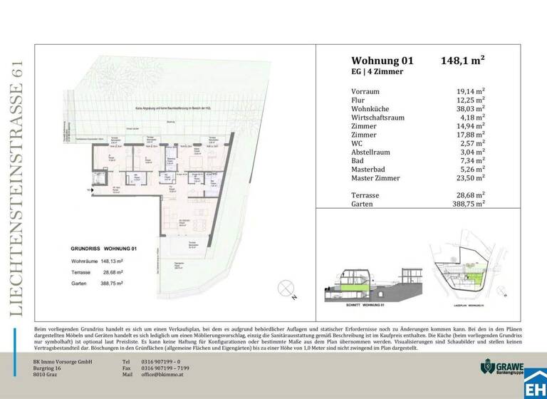 Wohnung zum Kauf - Erstbezug 996.500 € 4 Zimmer 148,1 m² EG Liechtensteinstraße Brunn am Gebirge 2345