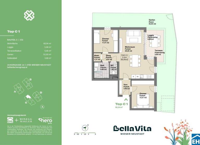 Wohnung zum Kauf - Erstbezug 335.900 € 3 Zimmer 68,9 m² EG Ackergasse Wiener Neustadt 2700