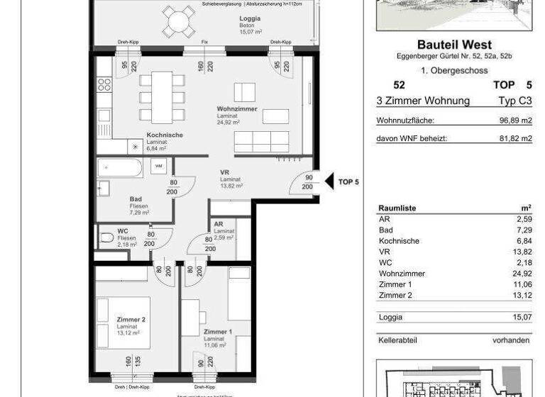 Wohnung zur Miete 614 € 3 Zimmer 81,8 m² 1. Geschoss Eggenberger Gürtel 52 Gries Graz 8020