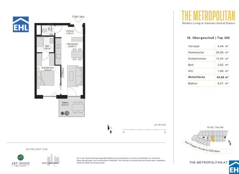 Wohnung zur Miete 952 € 2 Zimmer 44,7 m² 18. Geschoss frei ab 01.05.2026 Wien 1100