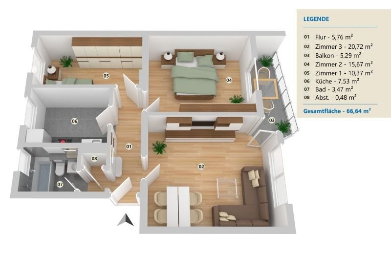 Wohnung zur Miete 879 € 3 Zimmer 67,7 m²<br/>Wohnfläche ab sofort<br/>Verfügbarkeit Leibnizstraße 6b Bärenkämpen 1 Minden 32425