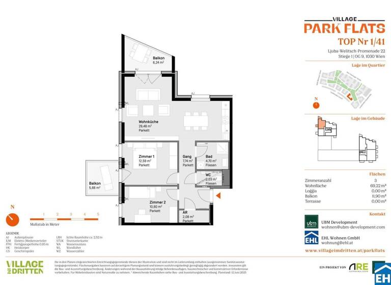 Wohnung zum Kauf - Erstbezug 666.000 € 3 Zimmer 69,2 m² 9. Geschoss Ljuba-Welitsch-Promenade 22 Wien 1030