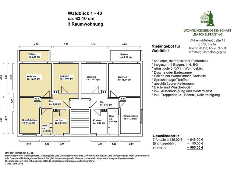 Wohnung zur Miete 524 € 3 Zimmer 63,1 m² 1. Geschoss frei ab sofort Waldblick 14 Freital 01705