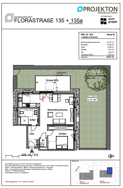 Wohnung zum Kauf provisionsfrei 554.900 € 2 Zimmer 69,8 m²<br/>Wohnfläche EG<br/>Geschoss Florastraße 135 a Nippes Köln 50733