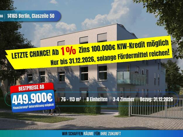 Terrassenwohnung zum Kauf - Erstbezug provisionsfrei als Kapitalanlage geeignet 519.900 € 3 Zimmer 86 m² Claszeile 50 Zehlendorf Berlin 14165