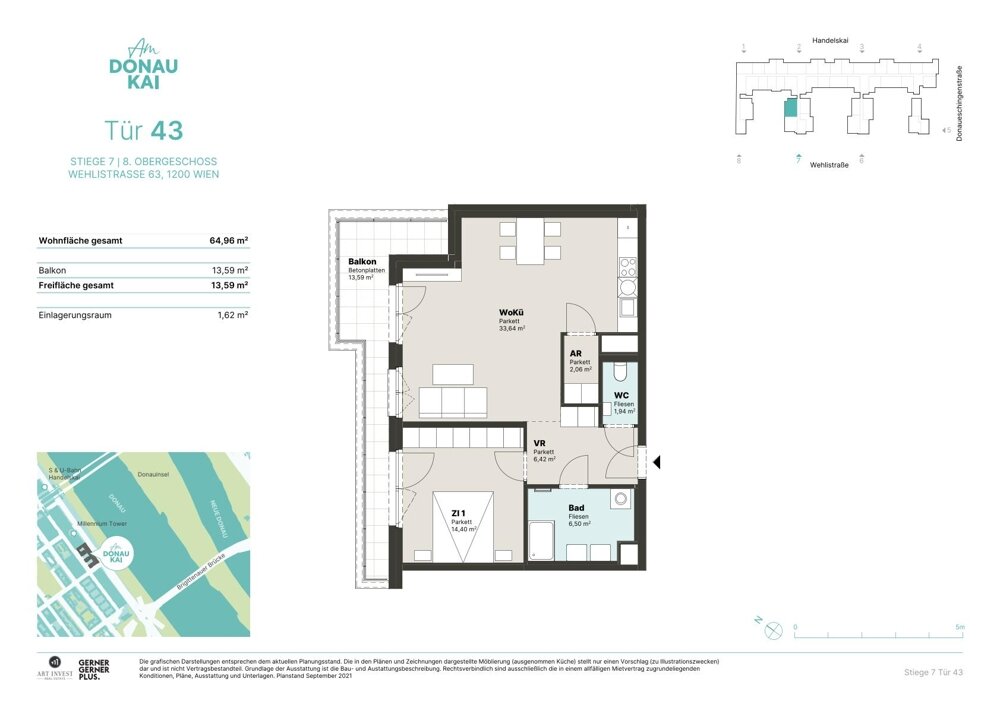 Wohnung zur Miete 947 € 2 Zimmer 65 m²<br/>Wohnfläche 8.<br/>Geschoss Wehlistraße 61 Wien 1200