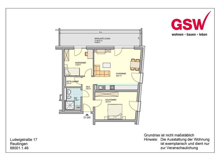 Wohnung zur Miete - Erstbezug 1.232 € 3 Zimmer 88 m² 5. Geschoss frei ab 01.05.2026 Ludwigstraße 17 Oststadt Reutlingen 72766