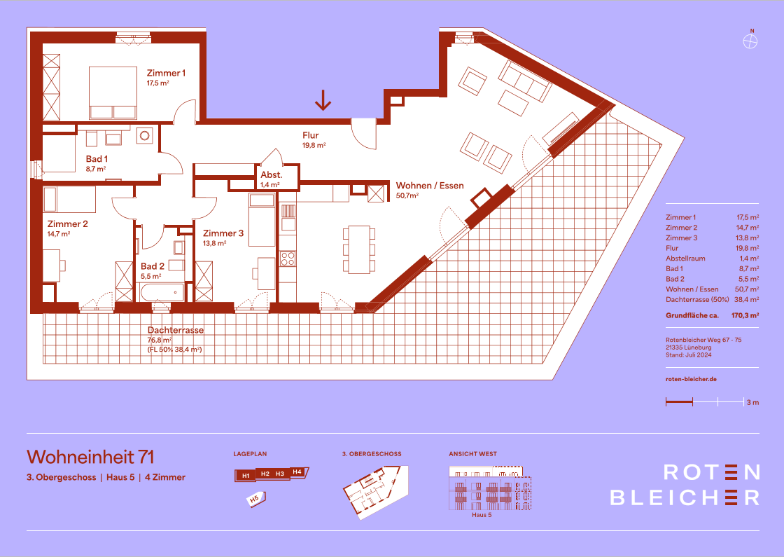 Wohnung zur Miete 2.980 € 3 Zimmer 170,3 m²<br/>Wohnfläche 3.<br/>Geschoss 01.03.2025<br/>Verfügbarkeit Rotenbleicher Weg 67 Rotes Feld Lüneburg 21335