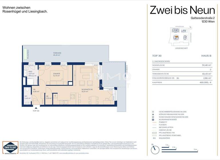 Wohnung zum Kauf - Erstbezug provisionsfrei 469.000 € 2 Zimmer 59,4 m² 6. Geschoss Wien 1230