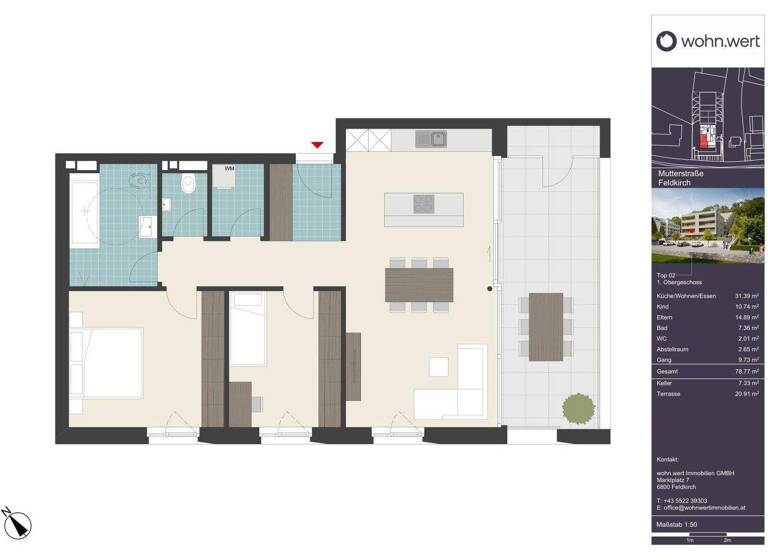 Terrassenwohnung zum Kauf - Erstbezug 595.000 € 3 Zimmer 78,8 m² 1. Geschoss frei ab 01.07.2026 Mutterstraße 11 Feldkirch 6800