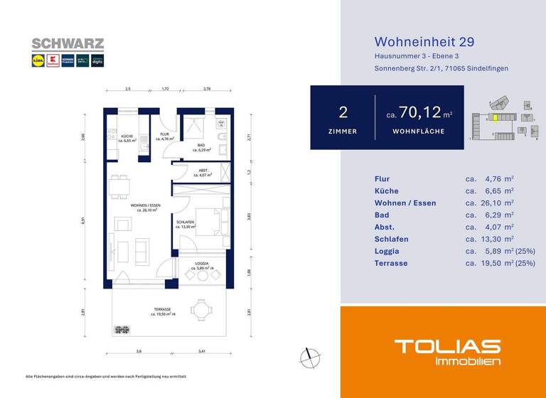 Wohnung zur Miete - Erstbezug 1.330 € 2 Zimmer 71,6 m² 3. Geschoss frei ab sofort Ost Sindelfingen 71065