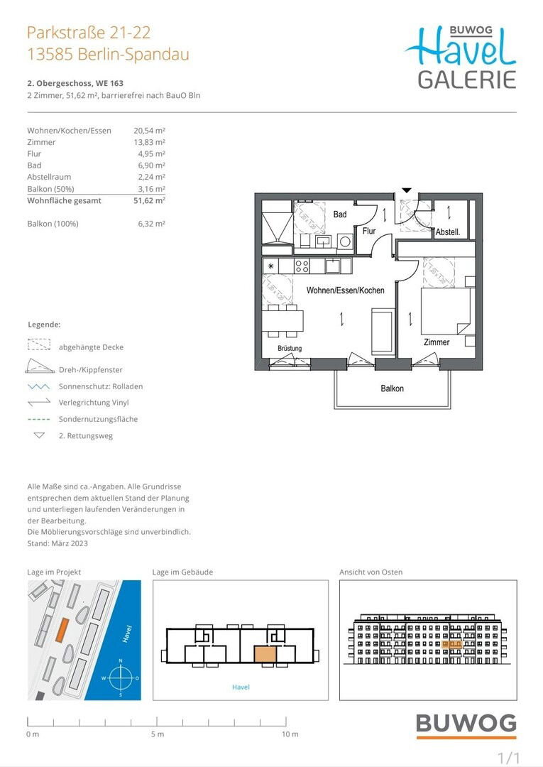 Wohnung zur Miete 1.200 € 2 Zimmer 52 m²<br/>Wohnfläche 2.<br/>Geschoss Parkstrasse 22 Hakenfelde Beelin 13585