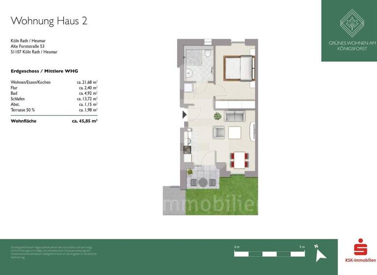 Wohnung zum Kauf 279.000 € 2 Zimmer 45,8 m² EG Rath/Heumar Köln 51107