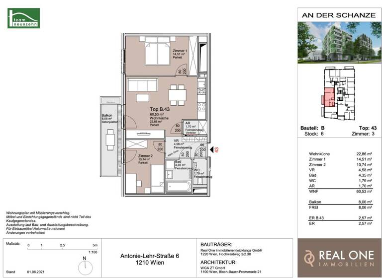 Wohnung zum Kauf - Erstbezug provisionsfrei 499.000 € 3 Zimmer 60,5 m² 6. Geschoss An der Schanze 25 Wien 1210