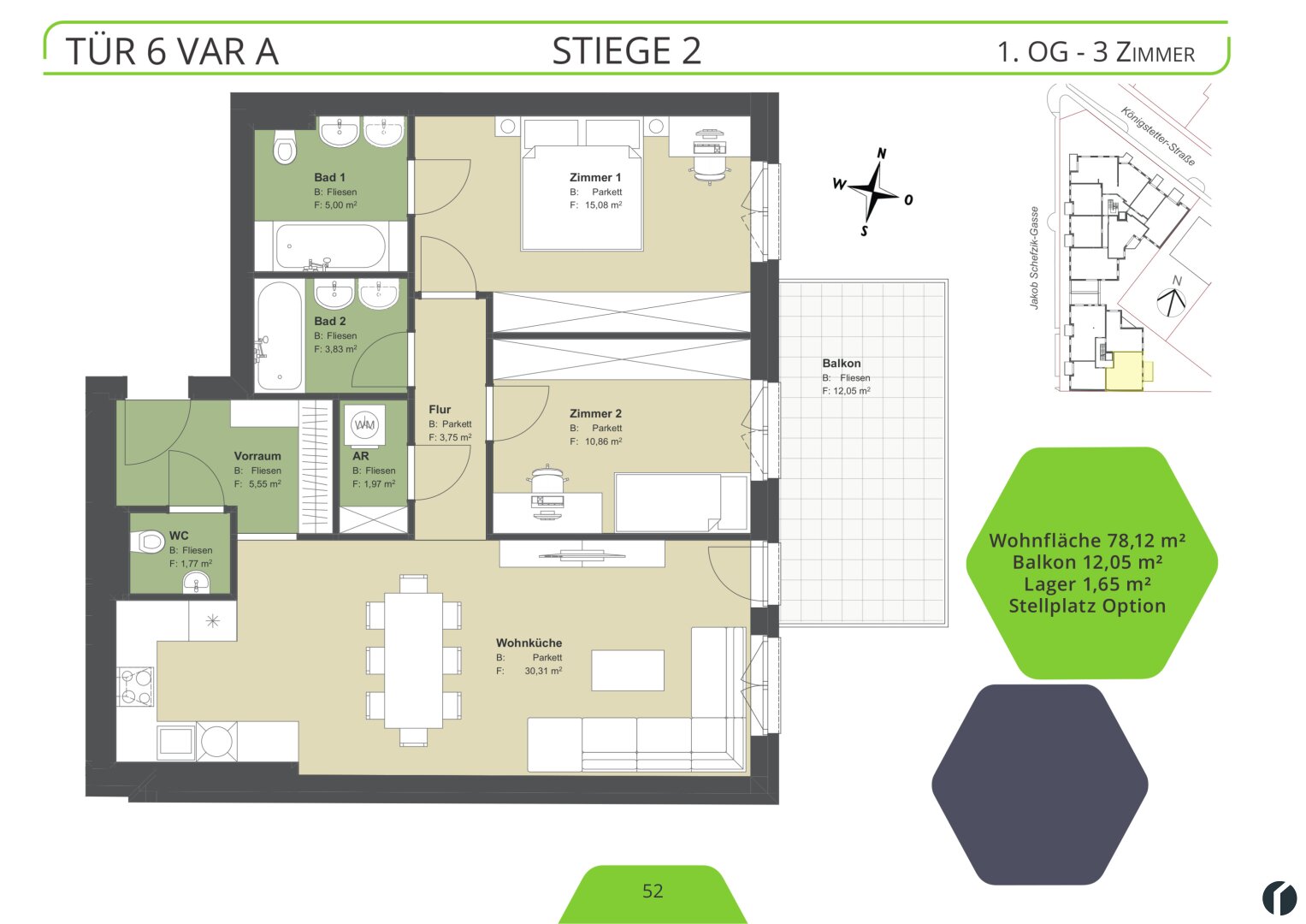 Wohnung zum Kauf 459.700 € 3 Zimmer 78,1 m²<br/>Wohnfläche 1.<br/>Geschoss Königstetter Straße 66 - 68 Tulln an der Donau 3430