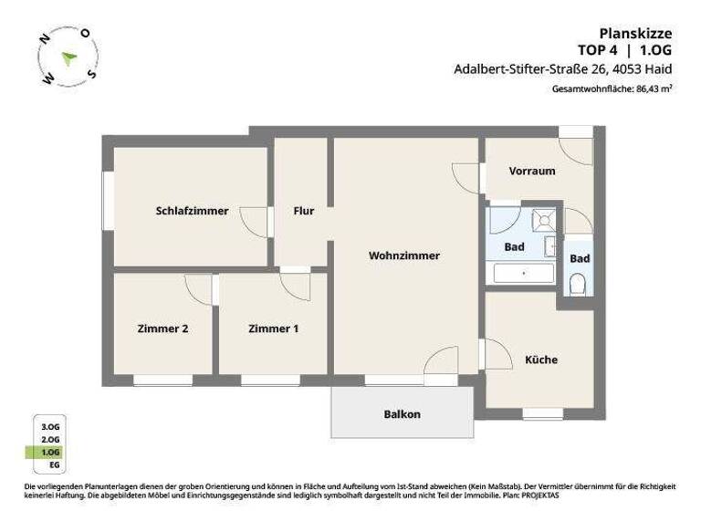 Wohnung zur Miete 661 € 4 Zimmer 86,4 m² 1. Geschoss Adalbert-Stifter-Straße 26 Haid 4053