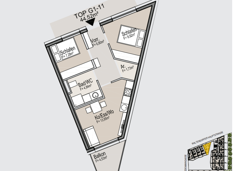 Wohnung zur Miete 710 € 3 Zimmer 44,7 m² 1. Geschoss Riegelgasse 1 Waltendorf Graz 8010