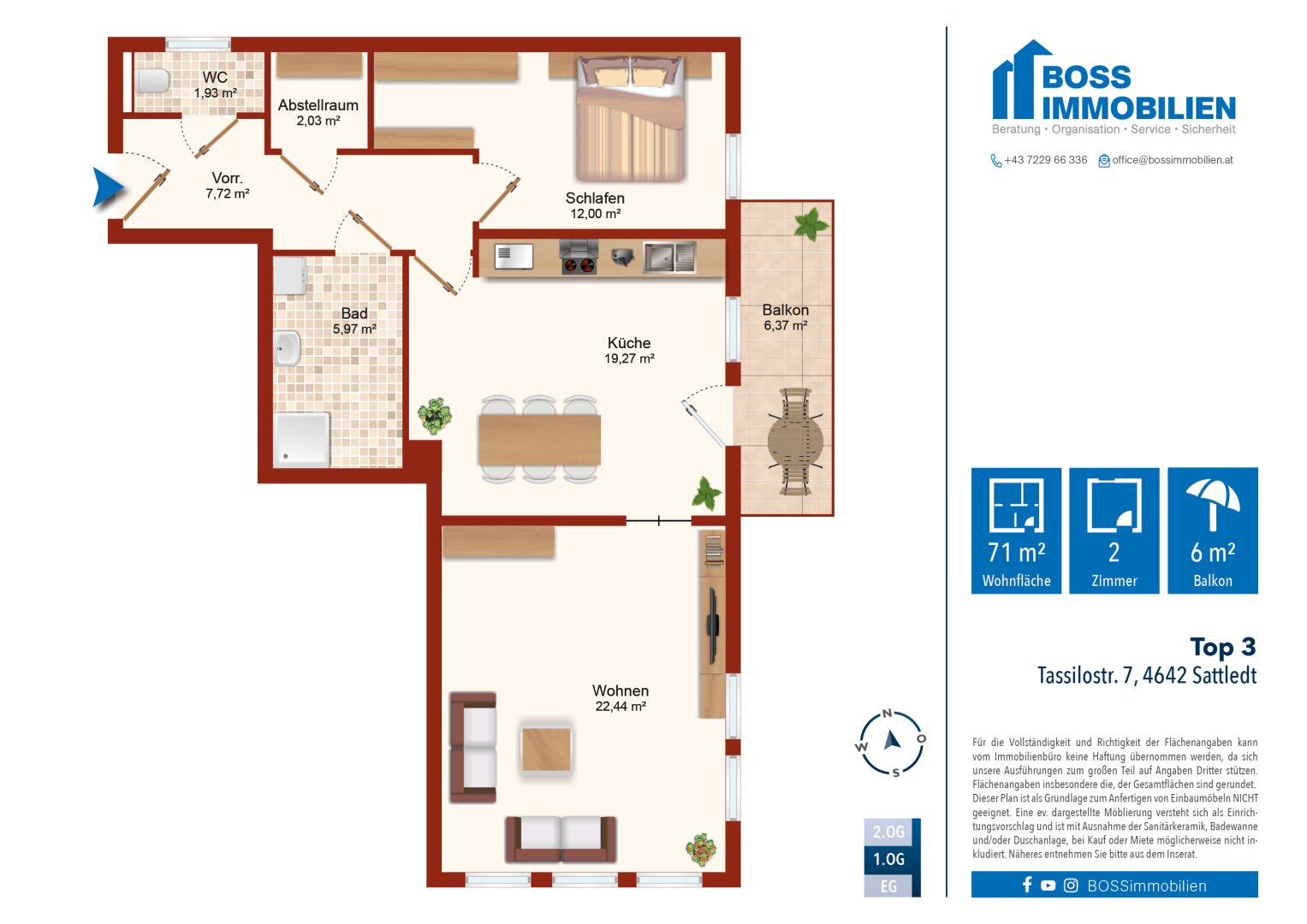 Wohnung zur Miete 554 € 2 Zimmer 71,4 m²<br/>Wohnfläche 1.<br/>Geschoss 01.03.2025<br/>Verfügbarkeit Tassilostraße 7 Sattledt 4642