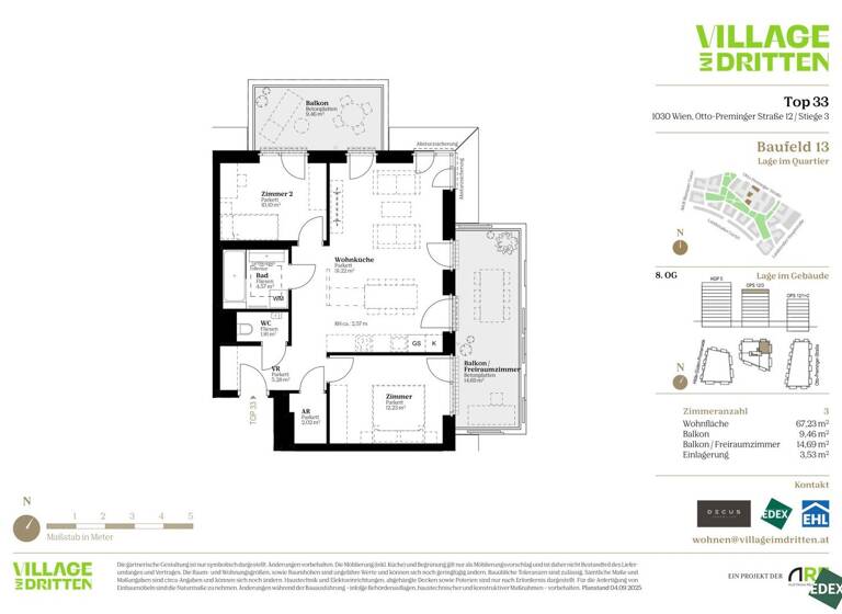 Terrassenwohnung zum Kauf - Erstbezug 597.000 € 3 Zimmer 67,2 m² 8. Geschoss Otto-Preminger-Straße Wien 1030