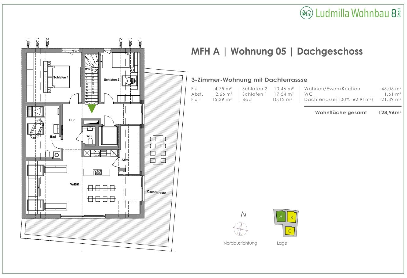 Penthouse zum Kauf provisionsfrei 940.000 € 3 Zimmer 128,7 m²<br/>Wohnfläche 2.<br/>Geschoss Mozartstraße 4 West Landshut 84034