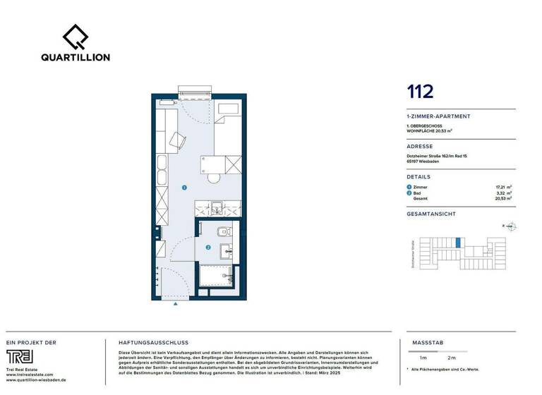 Studio zur Miete - Erstbezug 495 € 1 Zimmer 20,5 m² 1. Geschoss frei ab sofort Im Rad 15 Wiesbaden 65197
