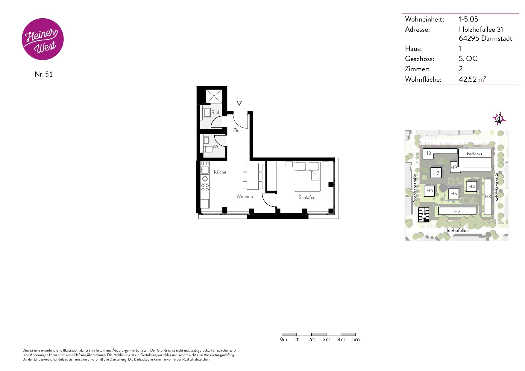 Wohnung zur Miete 895 € 2 Zimmer 42,5 m²<br/>Wohnfläche 5.<br/>Geschoss Holzhofallee 31 Verlegerviertel Darmstadt 64295